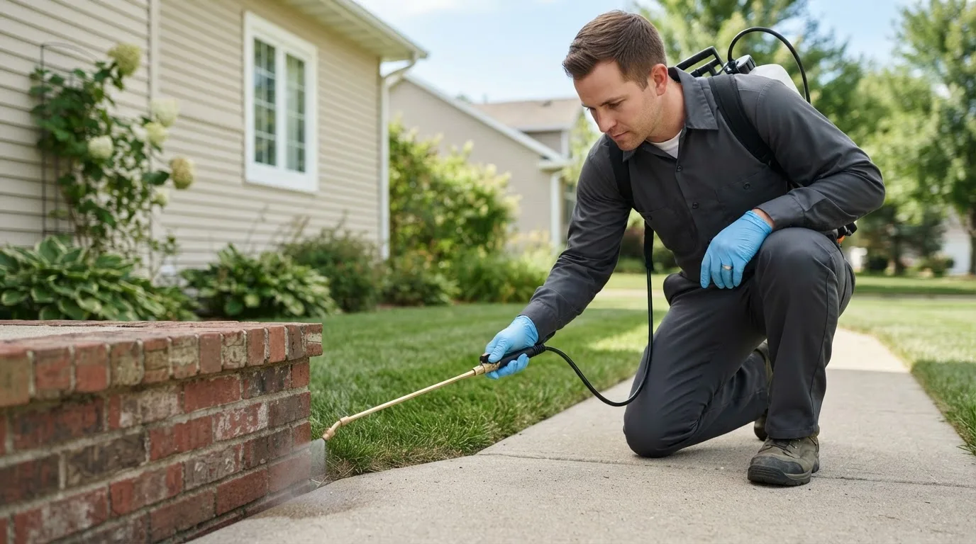 Pest control technician treating a home near Roosevelt, TX