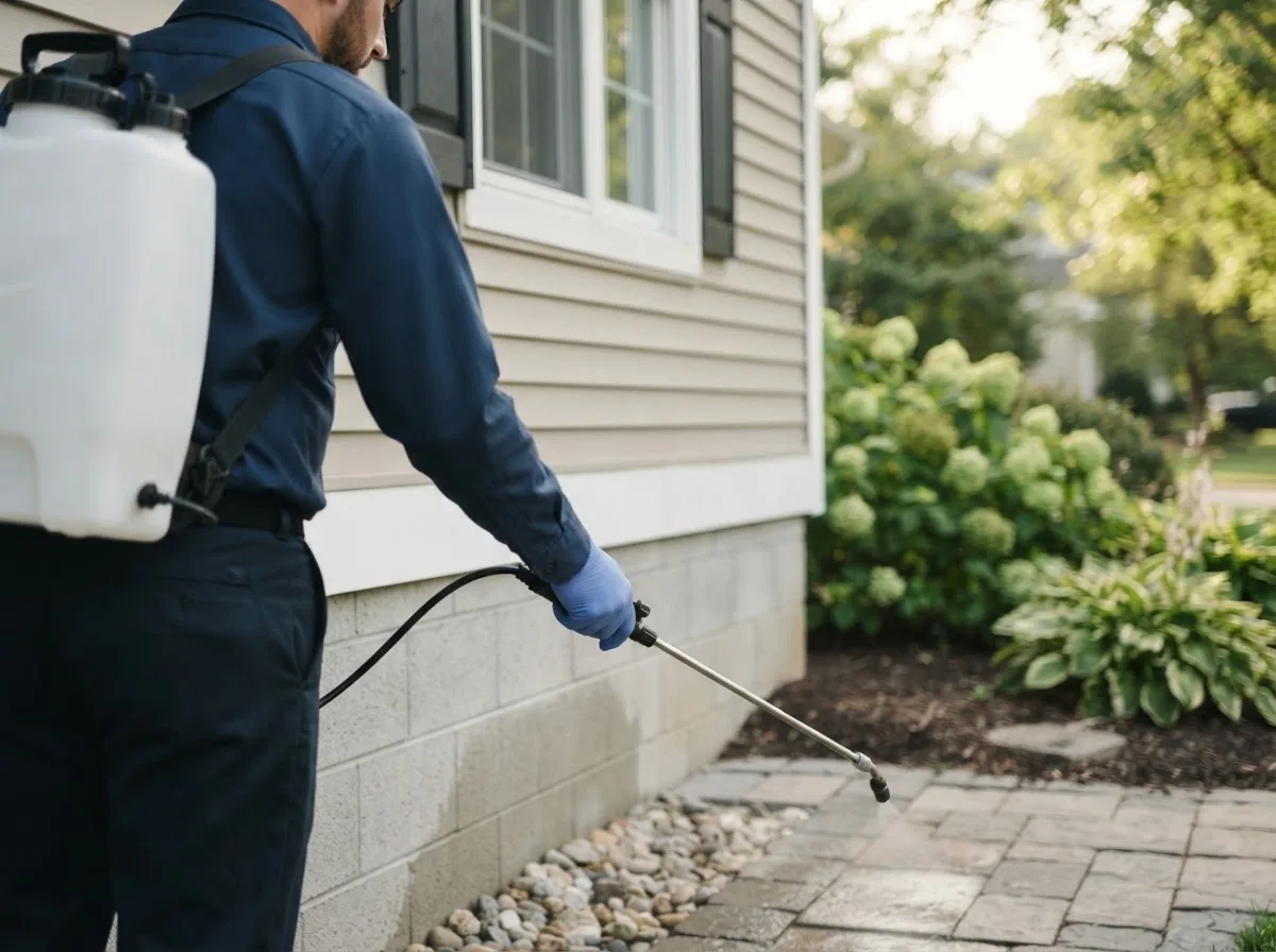 Pest control technician inspecting a home in Roosevelt, TX